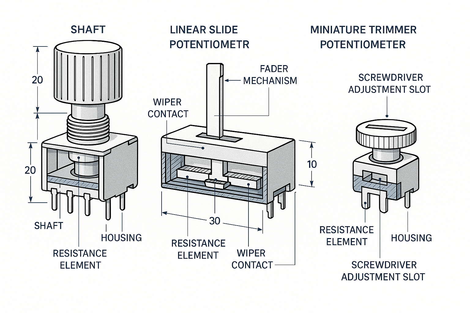 Technical illustration showing three potentiometer types side by side - rotary potentiometer with shaft and knob, linear slide potentiometer