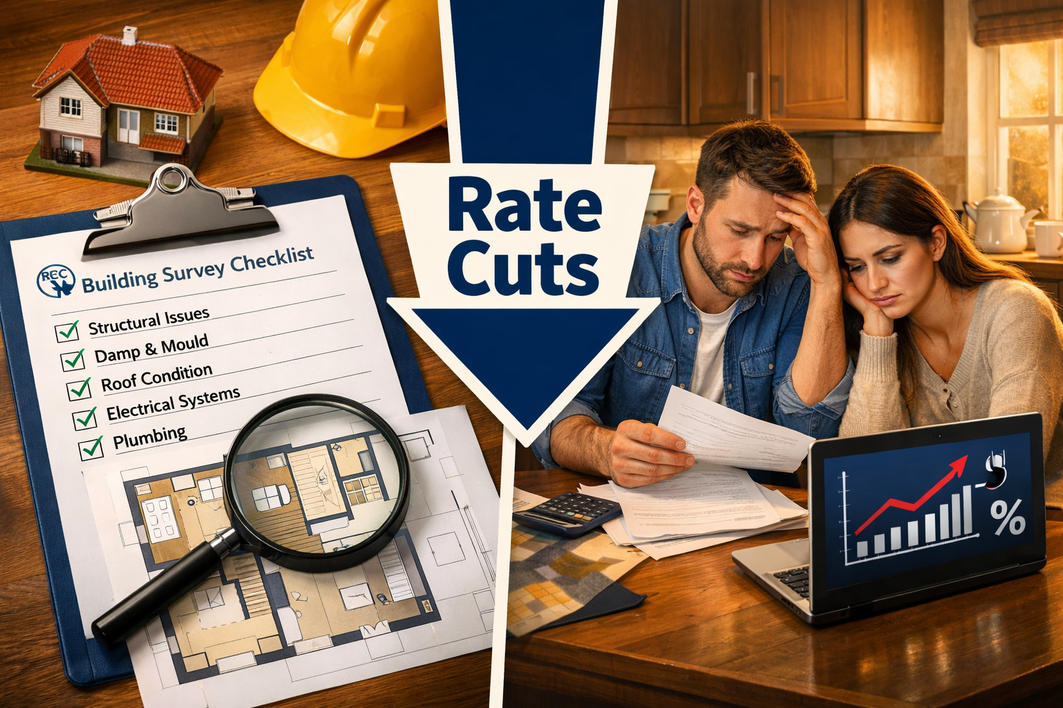 Detailed () editorial infographic-style image showing a split scene: on the left, a RICS-branded clipboard with a building