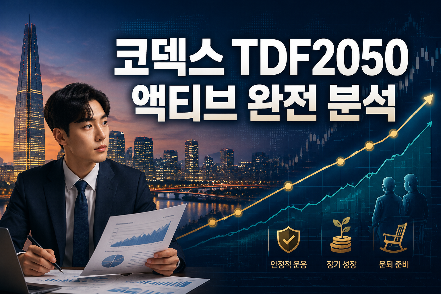 Professional () hero image with Korean '코덱스 TDF2050 액티브 완전 분석' in extra large white with dark , centered upper third.