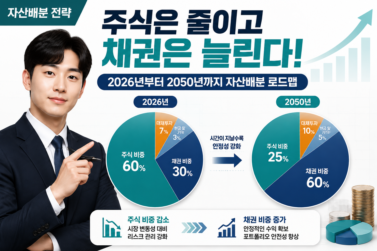 () detailed portfolio allocation pie chart with Korean labels showing stock-bond glide path transition: '주식 비중' decreasing