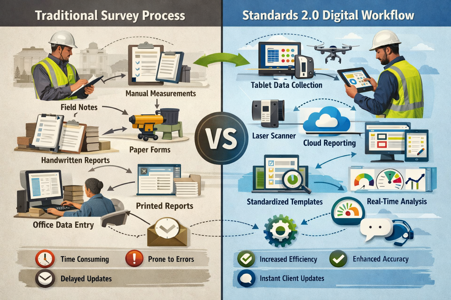 Detailed () image depicting split-screen comparison of traditional surveyor workflow versus enhanced Standards 2.0 digital