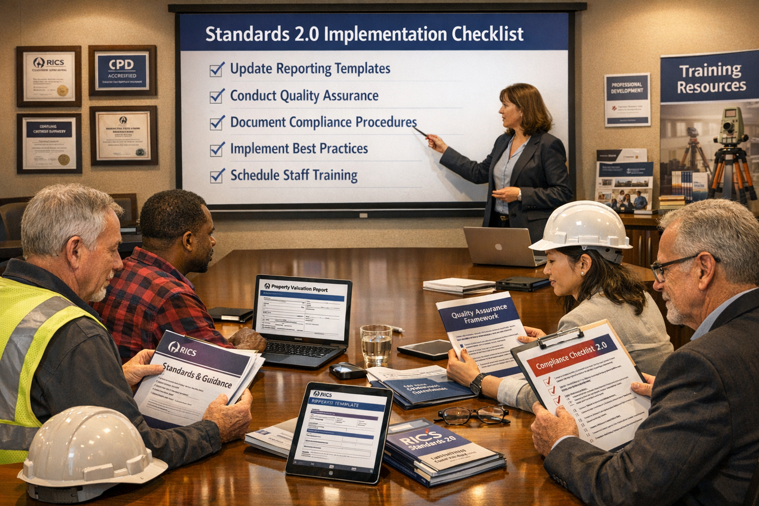 Detailed () image showing practical training and implementation scene with diverse group of professional surveyors in modern