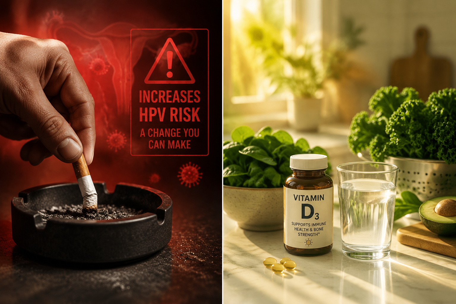 () split-panel image contrasting two lifestyle scenes side by side. Left panel: a person's hand stubbing out a cigarette in