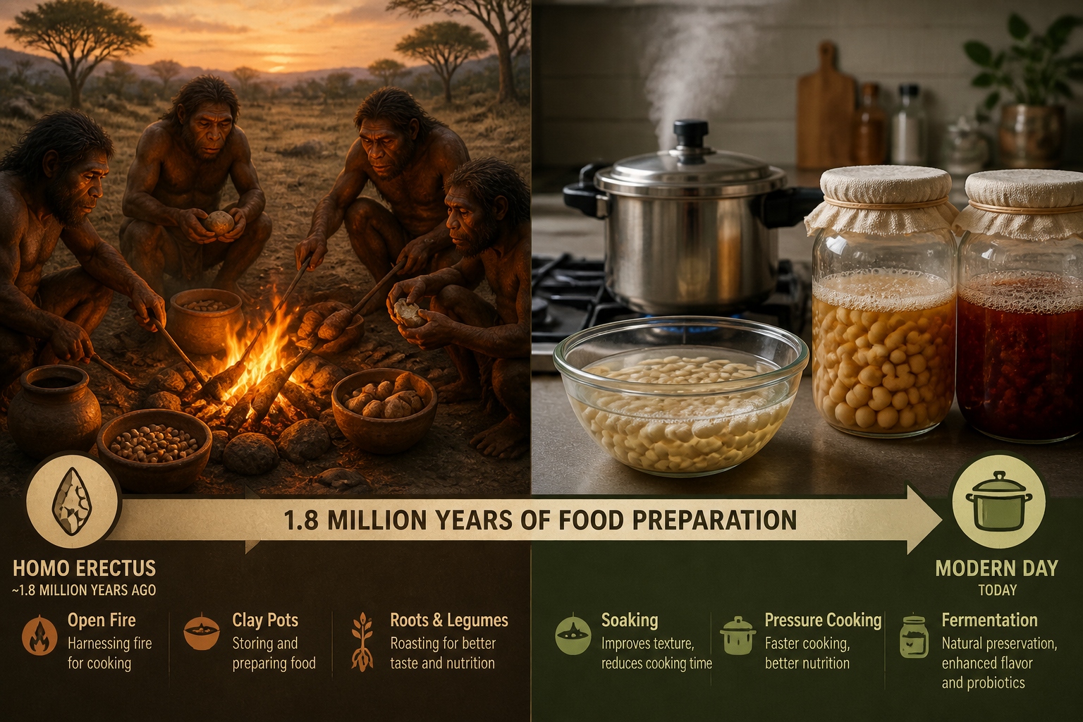 () split-panel comparison image: left panel shows Homo erectus figures around a fire with clay pots, roasting roots and