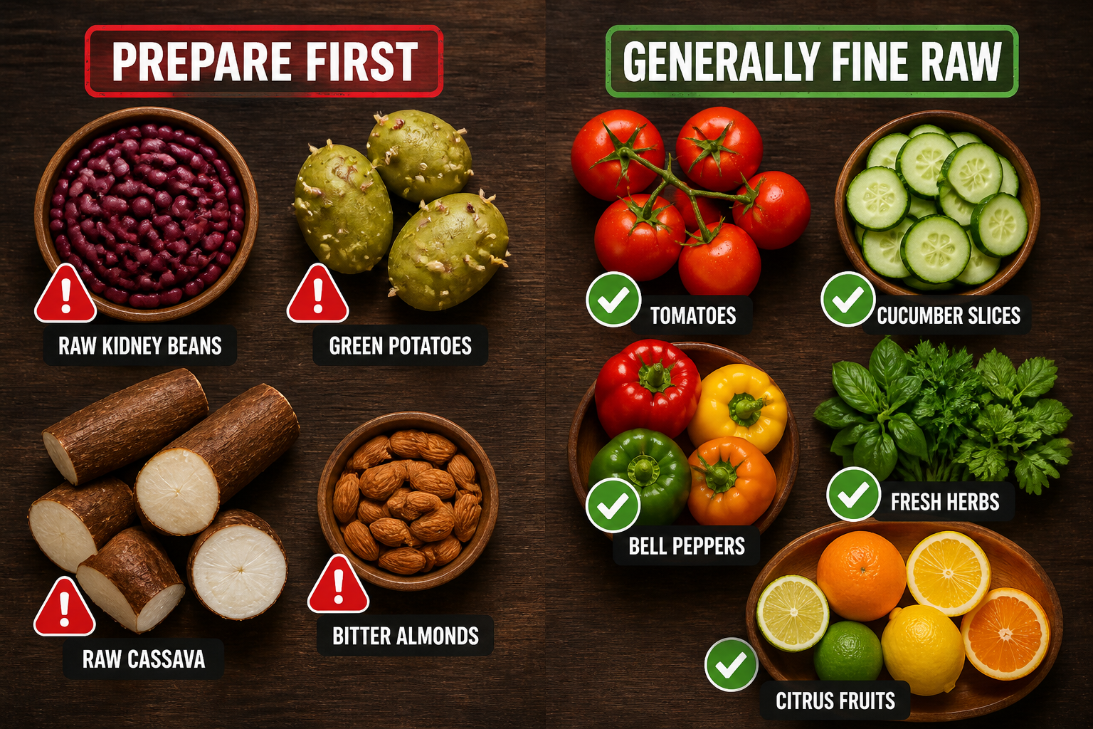 () overhead flat-lay food photography showing two distinct groups of foods on a dark wooden surface: left group labeled