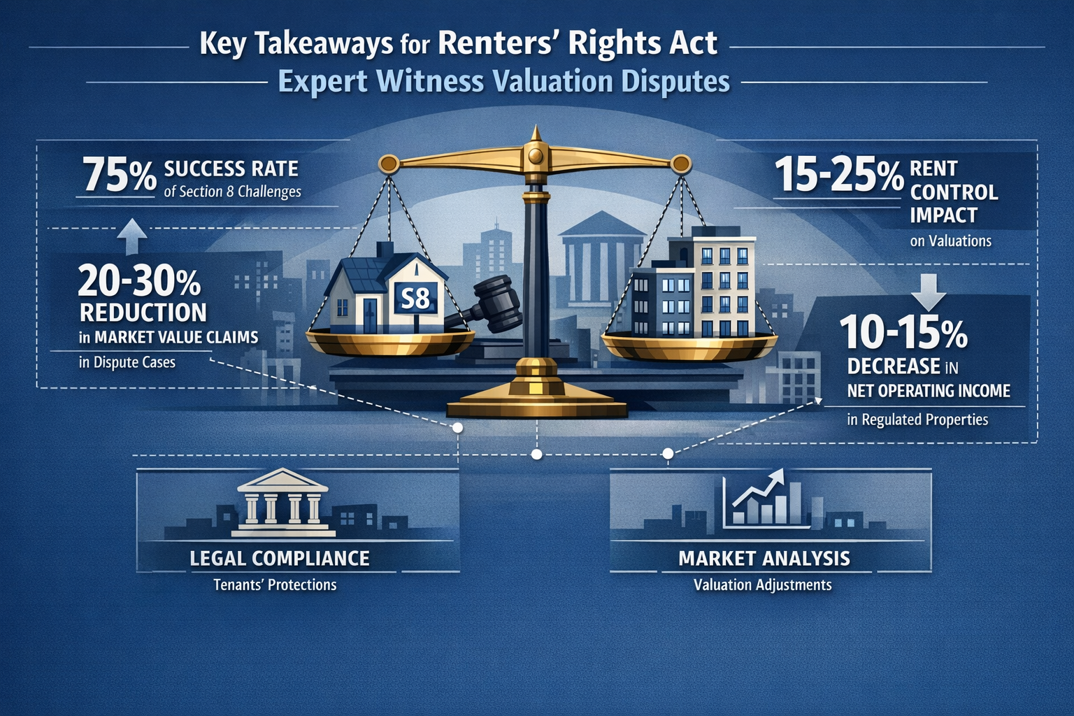 Infographic-style visualization depicting 'Key Takeaways' for Renters' Rights Act Expert Witness Valuation Disputes,