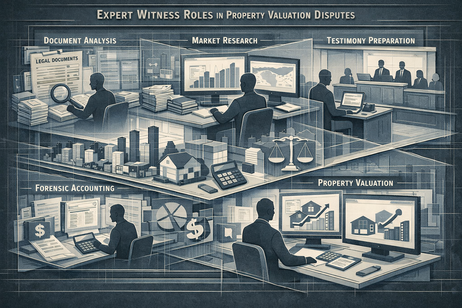 Complex architectural cutaway illustration showcasing 'Expert Witness Roles' in property valuation disputes, revealing