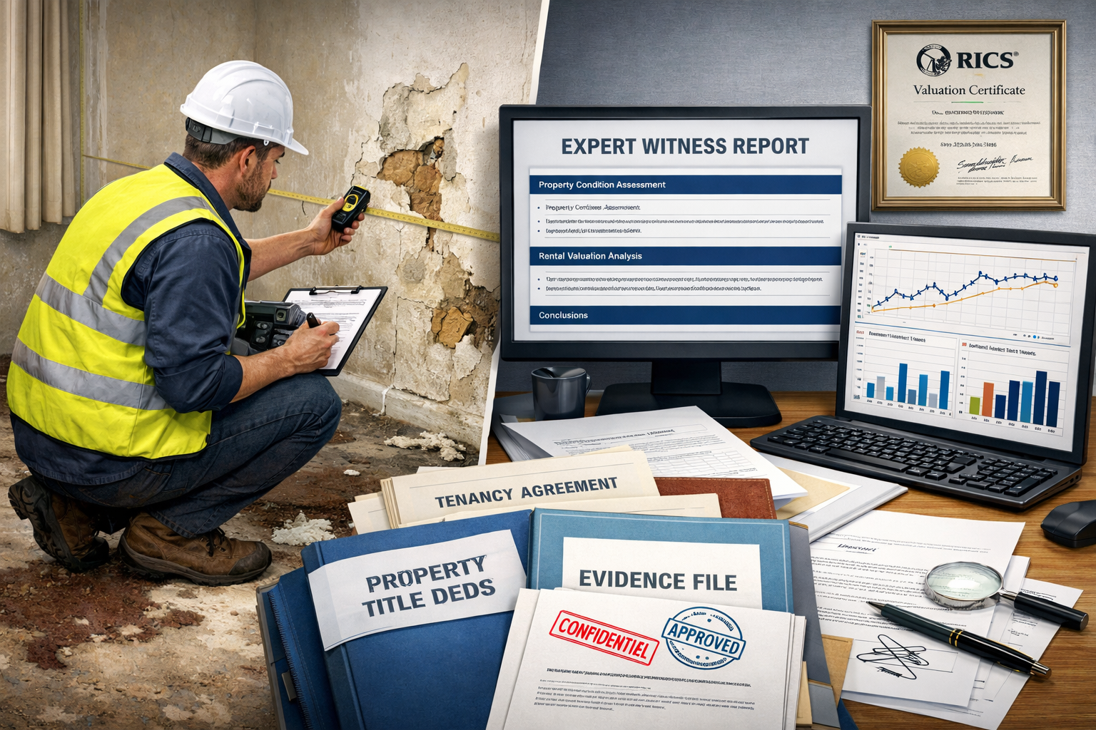 () detailed visualization of expert witness report preparation process for rental property disputes. Scene shows