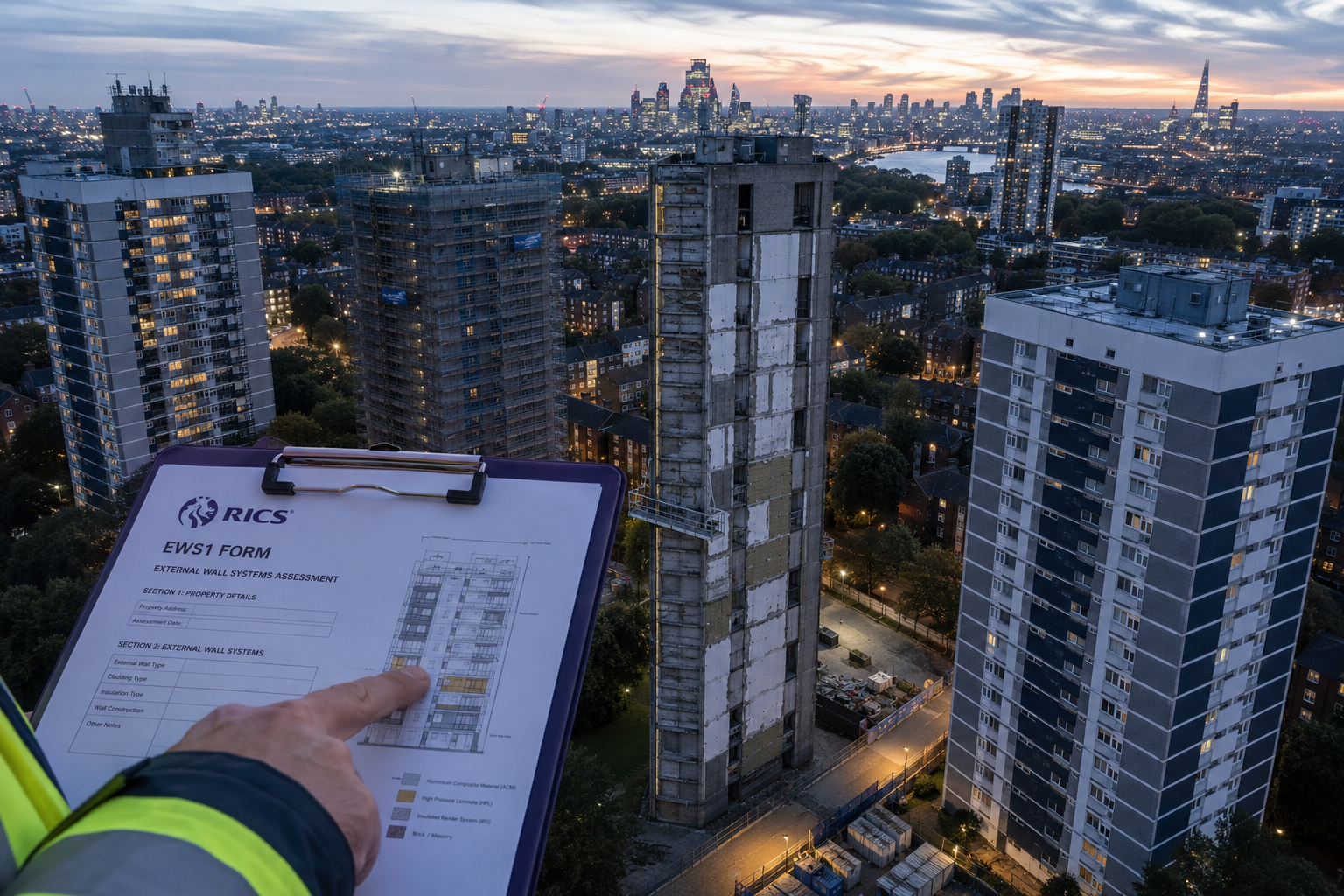 Wide aerial drone perspective of multiple London residential tower blocks at dusk, some with scaffolding and exposed