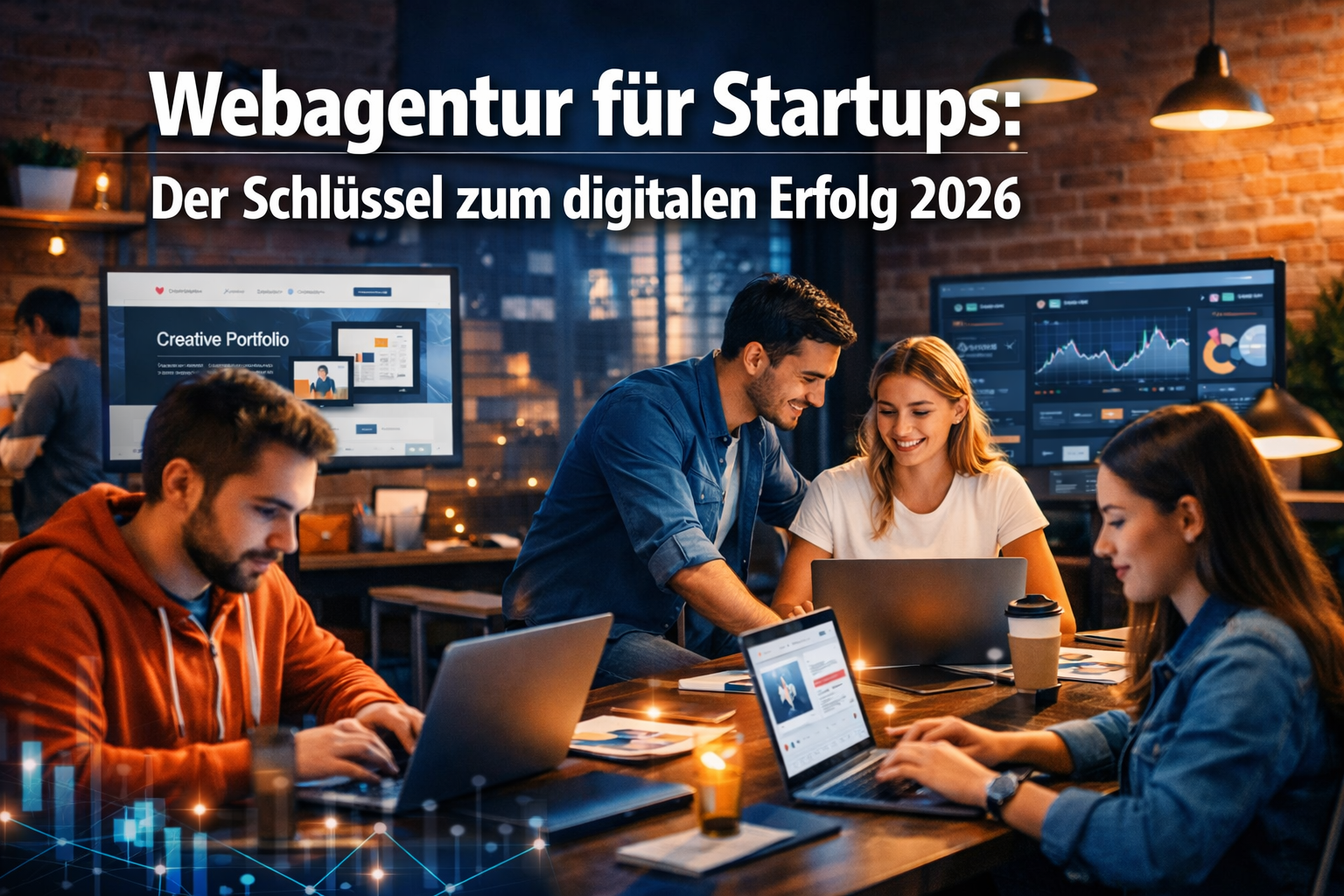 Professional landscape format (1536x1024) hero image featuring bold text overlay 'Webagentur f&uuml;r Startups: Der Schl&uuml;ssel zum digitalen Erfol