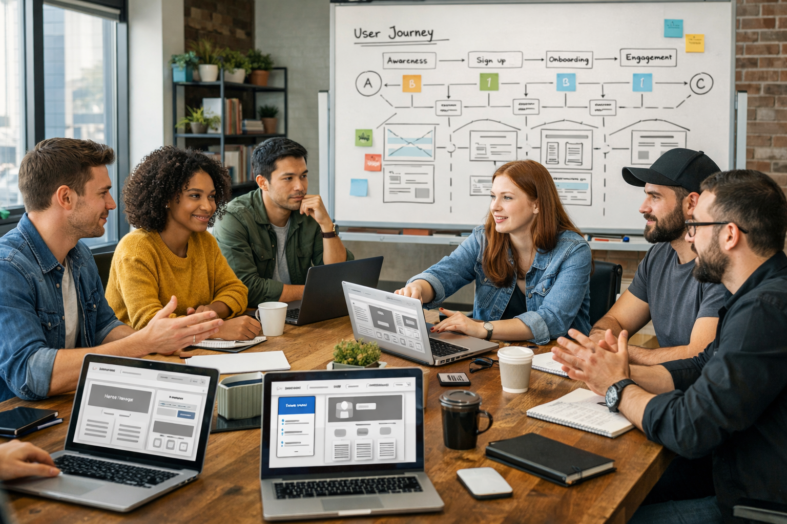 Landscape format (1536x1024) image showing startup founders in consultation meeting with web agency professionals around a conference table,
