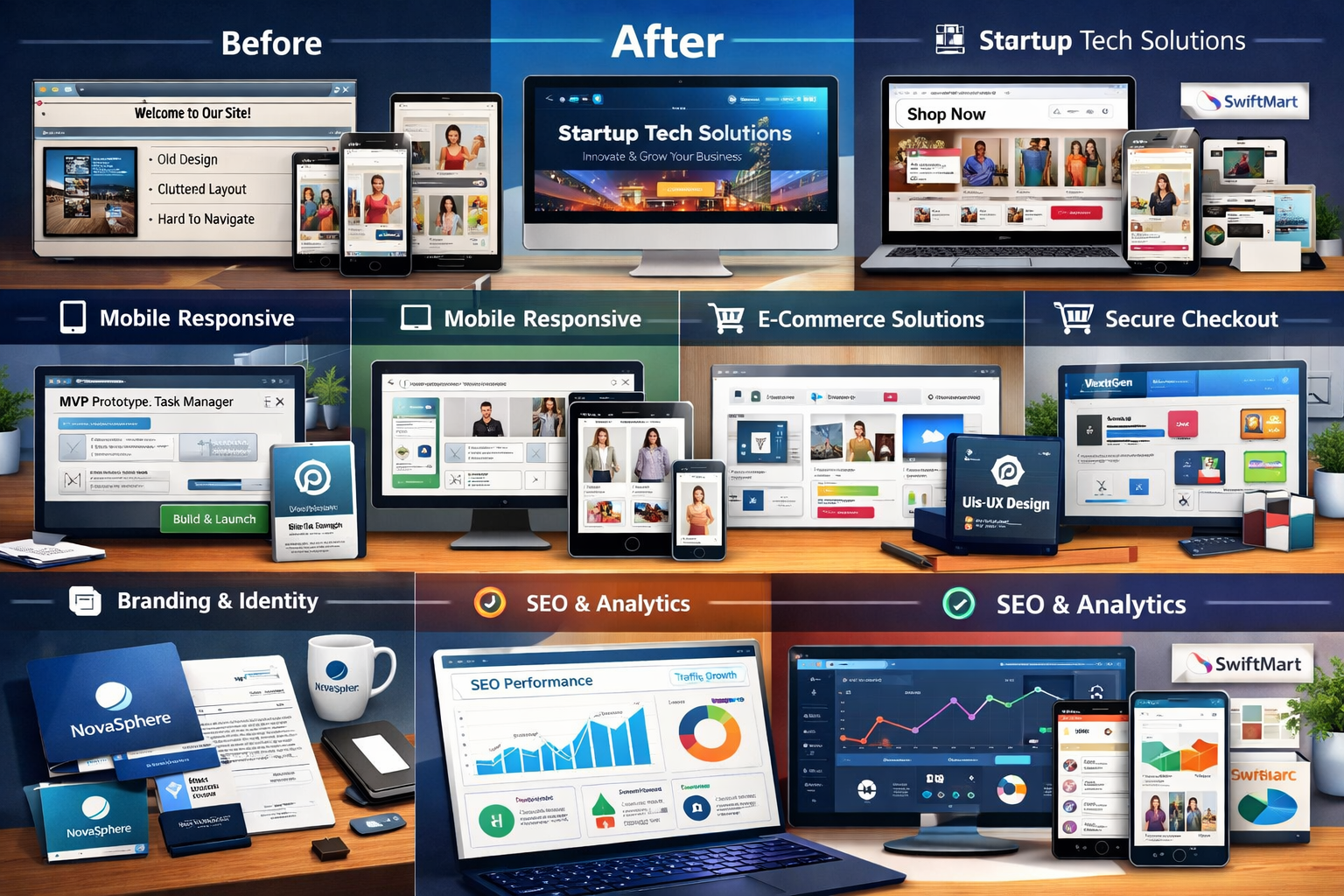 Detailed landscape (1536x1024) visualization of web agency service portfolio specifically for startups: split-screen layout showing before/a