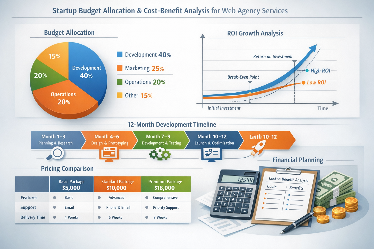 Professional landscape (1536x1024) infographic-style image displaying startup budget allocation and cost-benefit analysis for web agency ser
