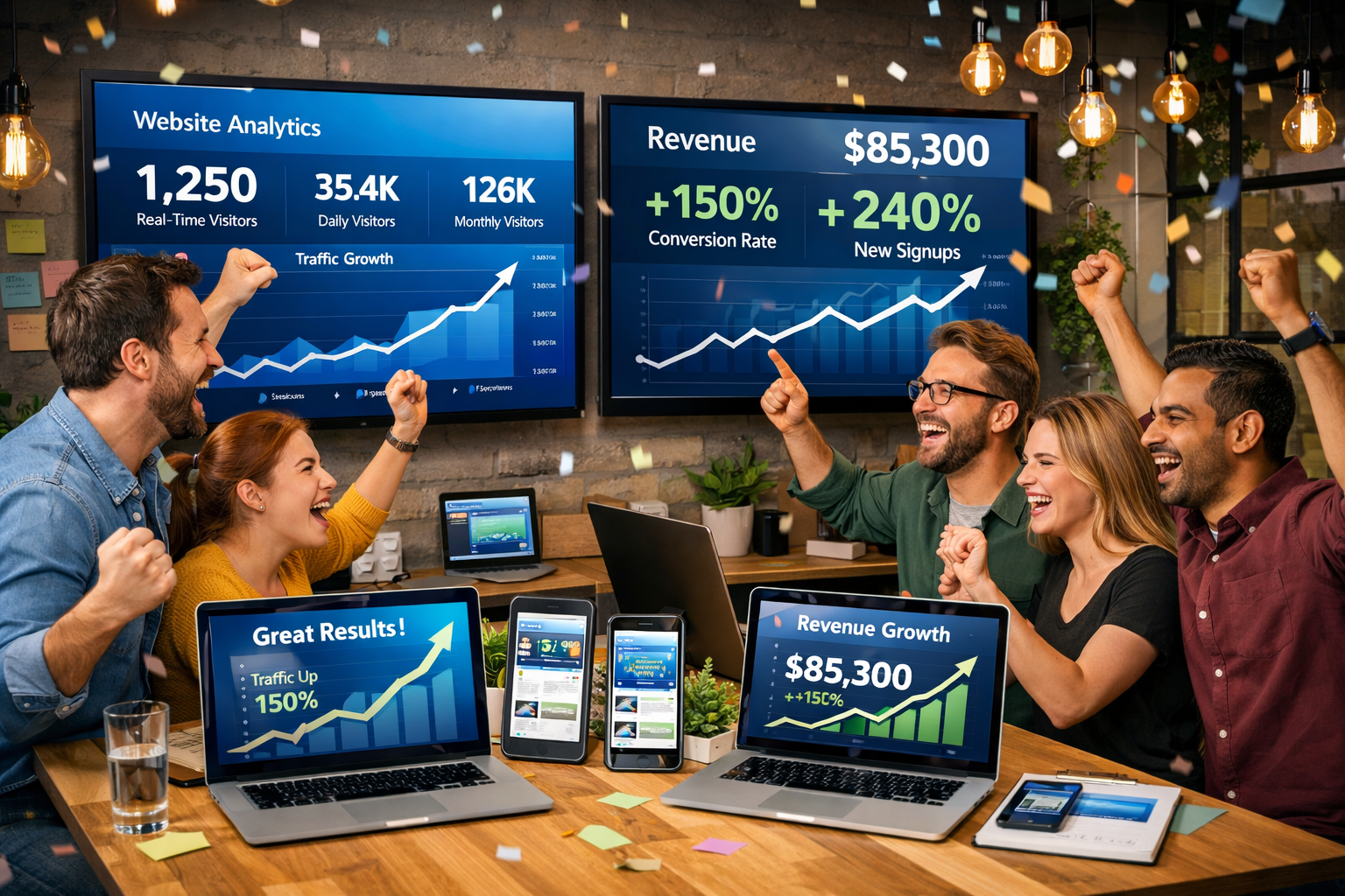 Landscape format (1536x1024) image of successful startup team celebrating digital milestone with laptops showing live website analytics, gro