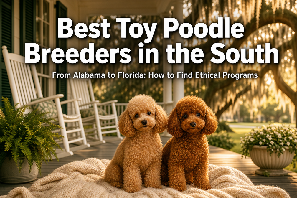 Professional () hero image featuring 'Best Toy Poodle Breeders in the South' in extra large white with dark drop , centered