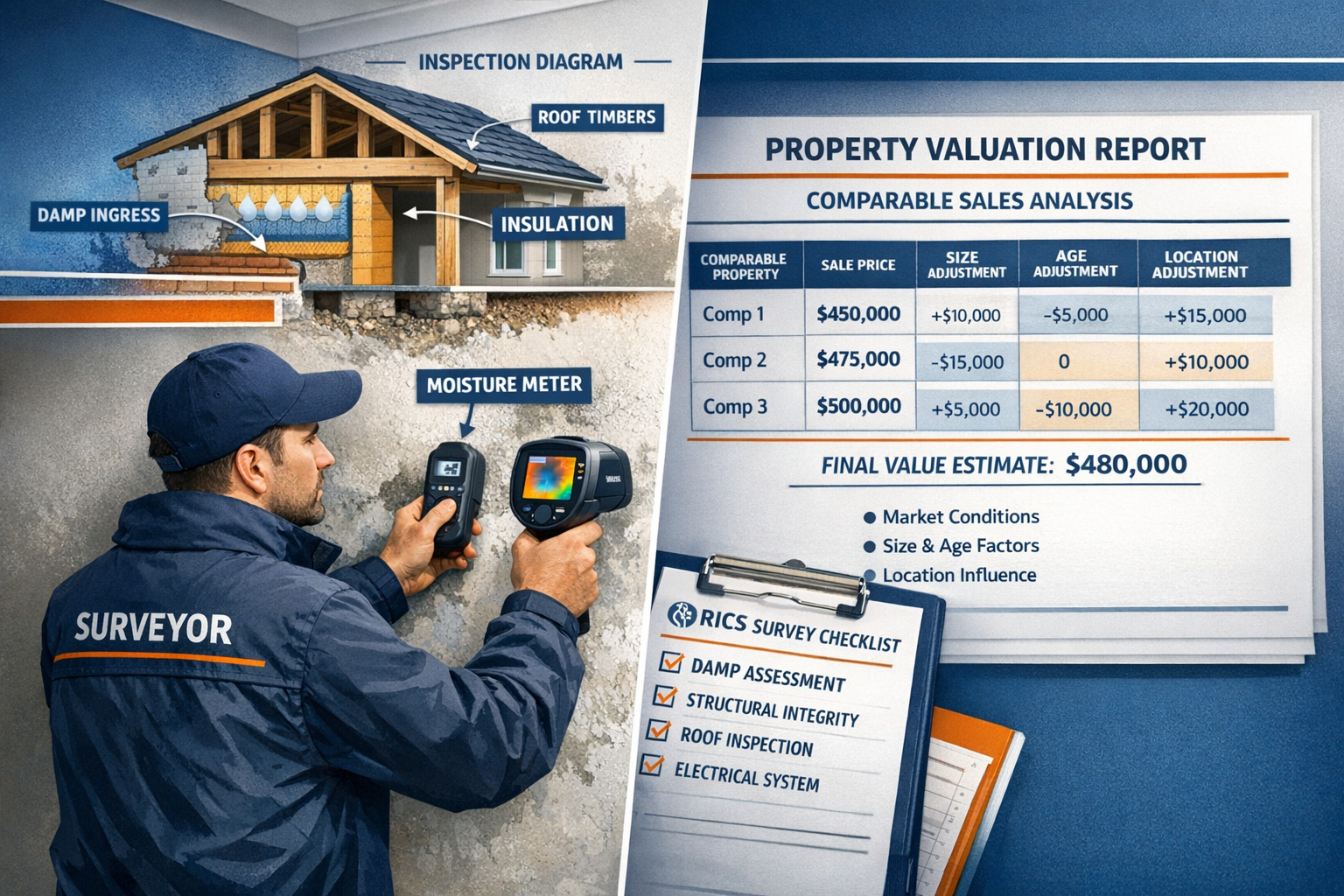 Detailed () image showing professional surveyor conducting detailed building inspection inside residential property,
