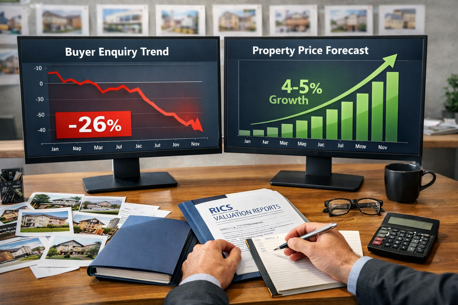 Wide-angle () image depicting modern office desk with dual monitors displaying property market analytics dashboard, left