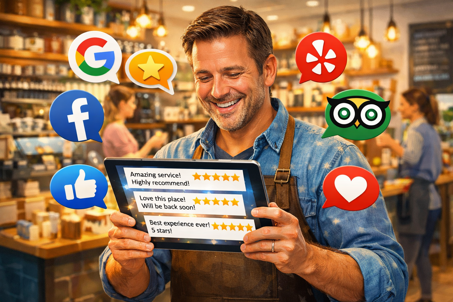 A detailed illustration showing a business owner smiling and looking at a tablet displaying numerous 5-star online reviews and positive cust