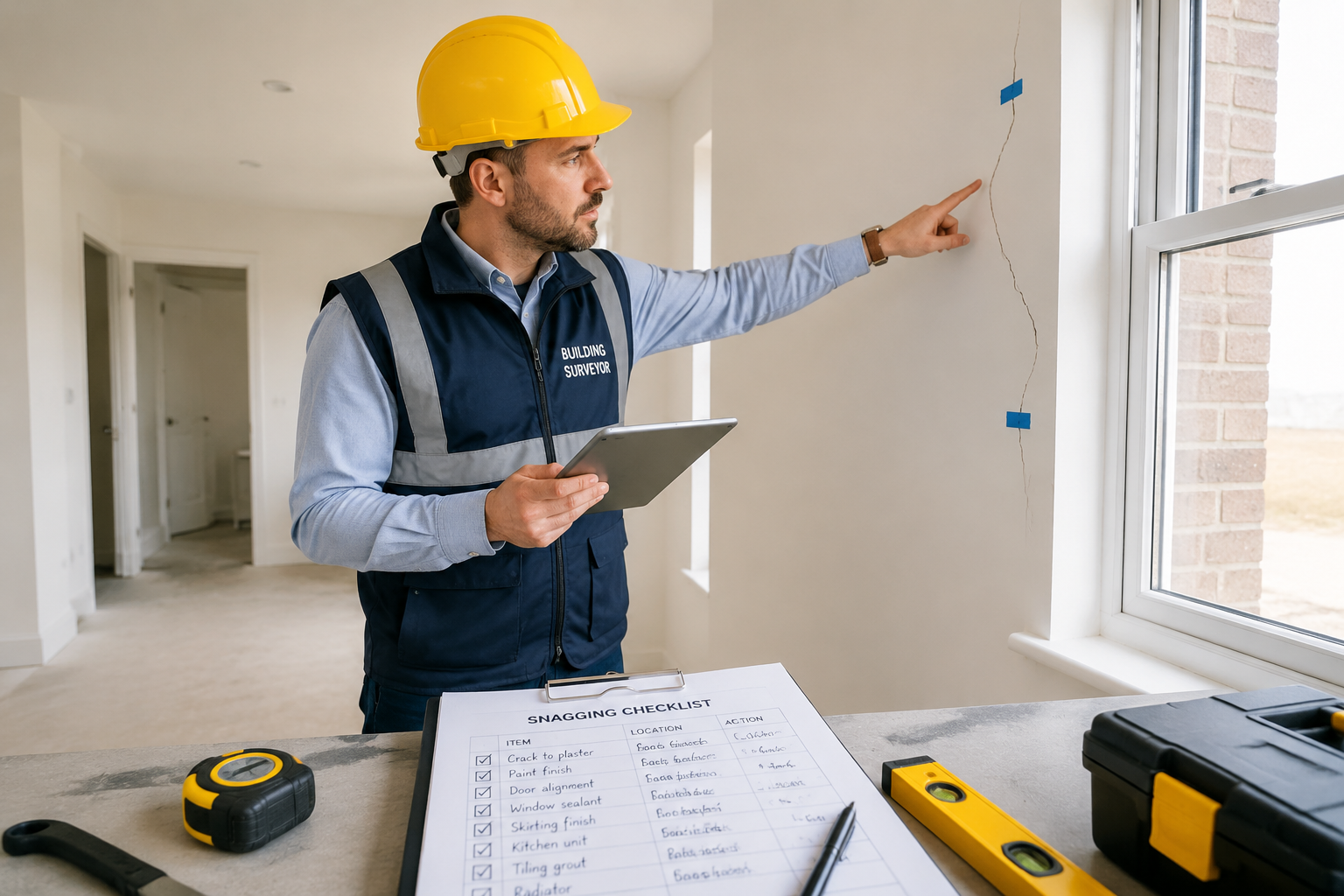 Wide-angle editorial photograph of a professional building surveyor in a yellow hard hat and navy vest using a digital