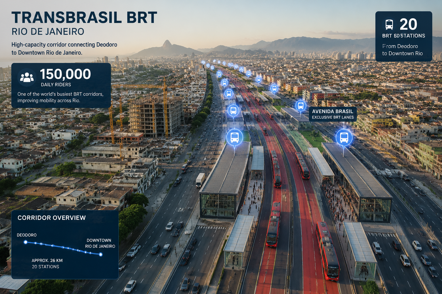 Aerial drone perspective () showing Rio de Janeiro's TransBrasil BRT corridor stretching from Deodoro westward toward