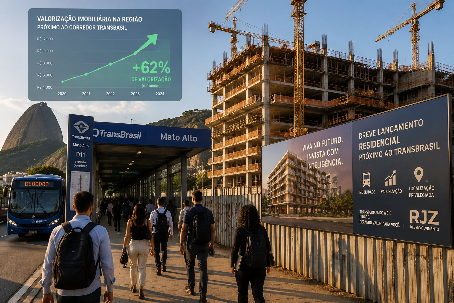 Wide-angle street-level () showing a transit-oriented development construction site adjacent to a TransBrasil BRT station in