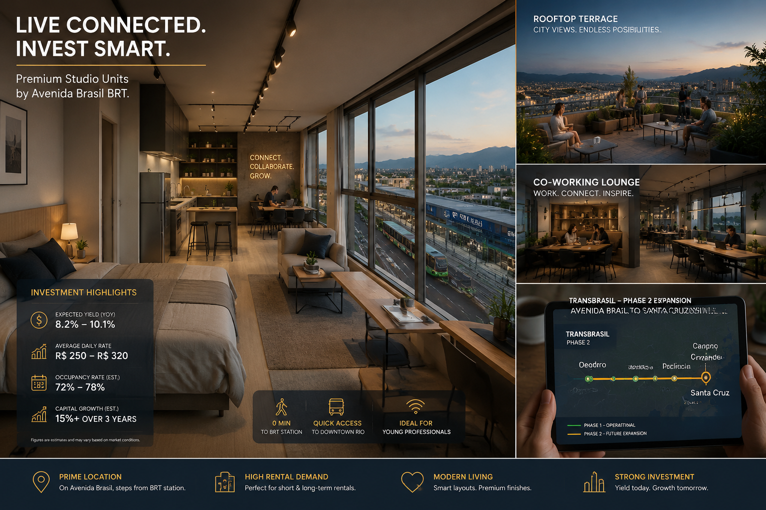 Interior and exterior split-view () showing a premium compact studio apartment unit designed for young professionals near a