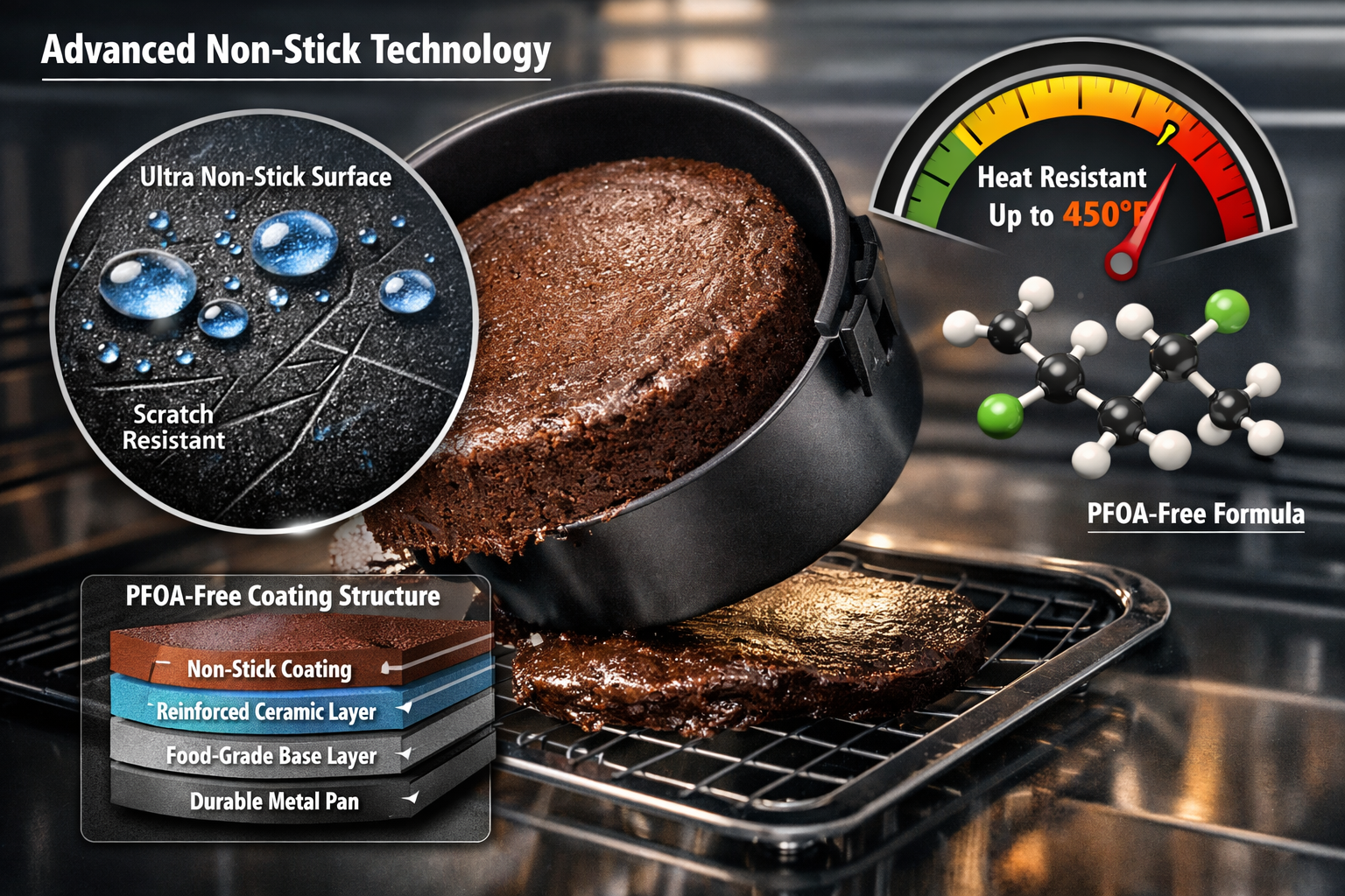Close-up landscape image (1536x1024) showcasing non-stick coating technology on air fryer baking pan surface with microscopic detail view in