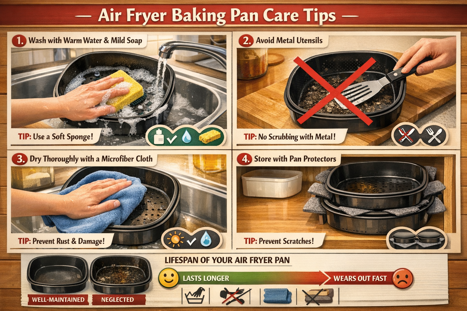 Step-by-step landscape image (1536x1024) illustrating proper cleaning and maintenance procedures for air fryer baking pans. Four-panel seque