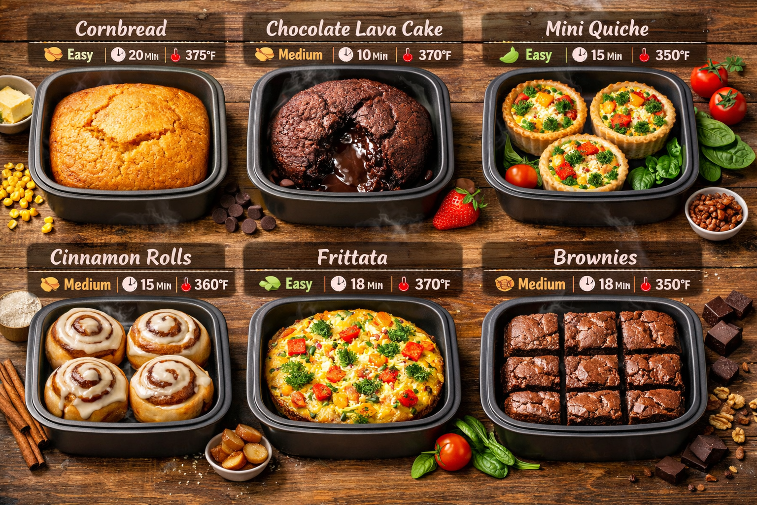 Vibrant landscape image (1536x1024) displaying recipe showcase grid featuring six different dishes prepared in air fryer baking pans: golden