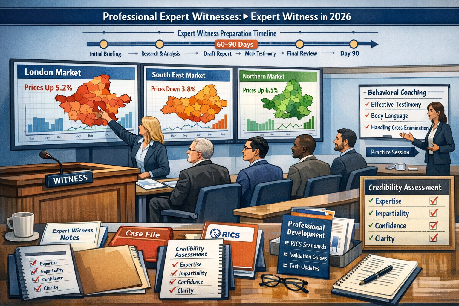 Landscape format (1536x1024) detailed illustration showing professional expert witness preparation process in 2026. Central focus on diverse