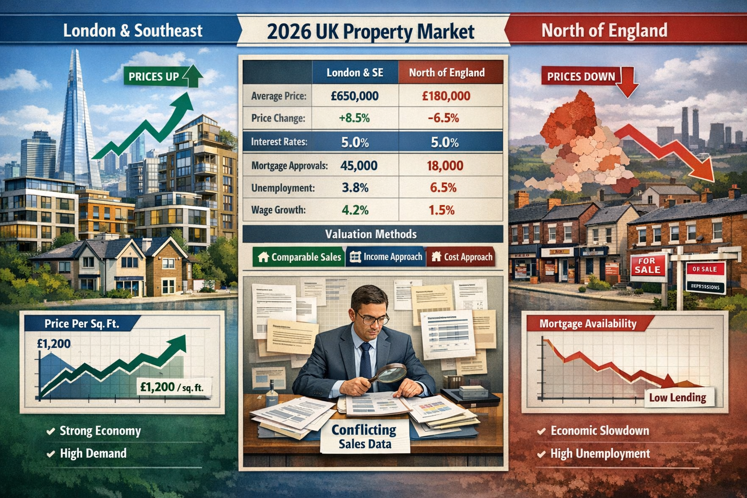 Landscape format (1536x1024) comprehensive visual representation of 2026 UK property market conflicting price signals affecting valuation di