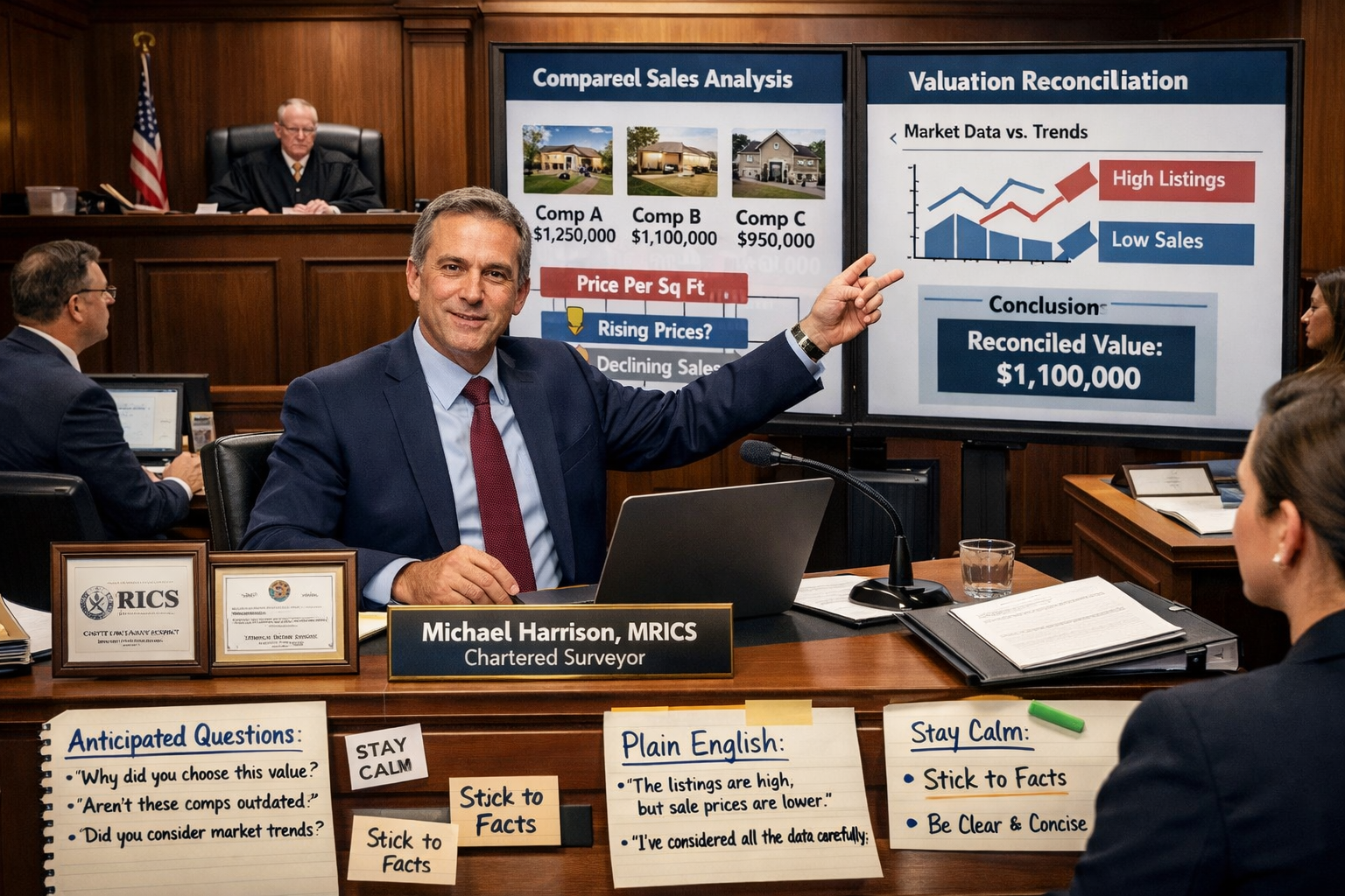Landscape format (1536x1024) detailed courtroom scene depicting expert witness testimony in 2026 valuation dispute. Central focus on profess