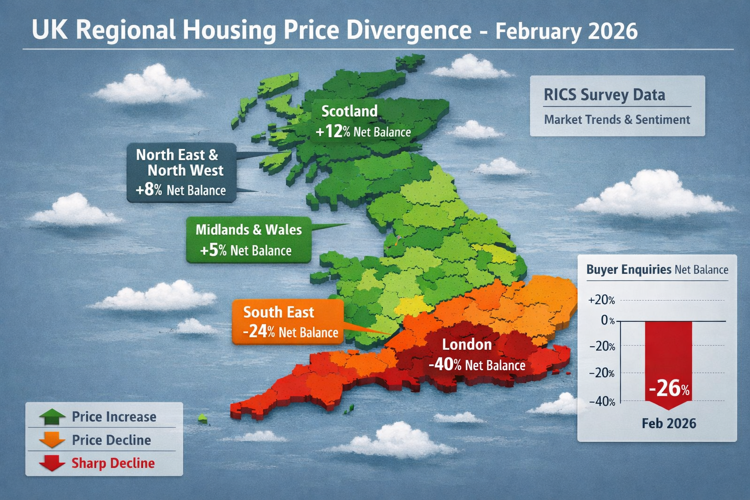Aerial editorial infographic illustration showing UK regional housing price divergence map for February 2026, with London