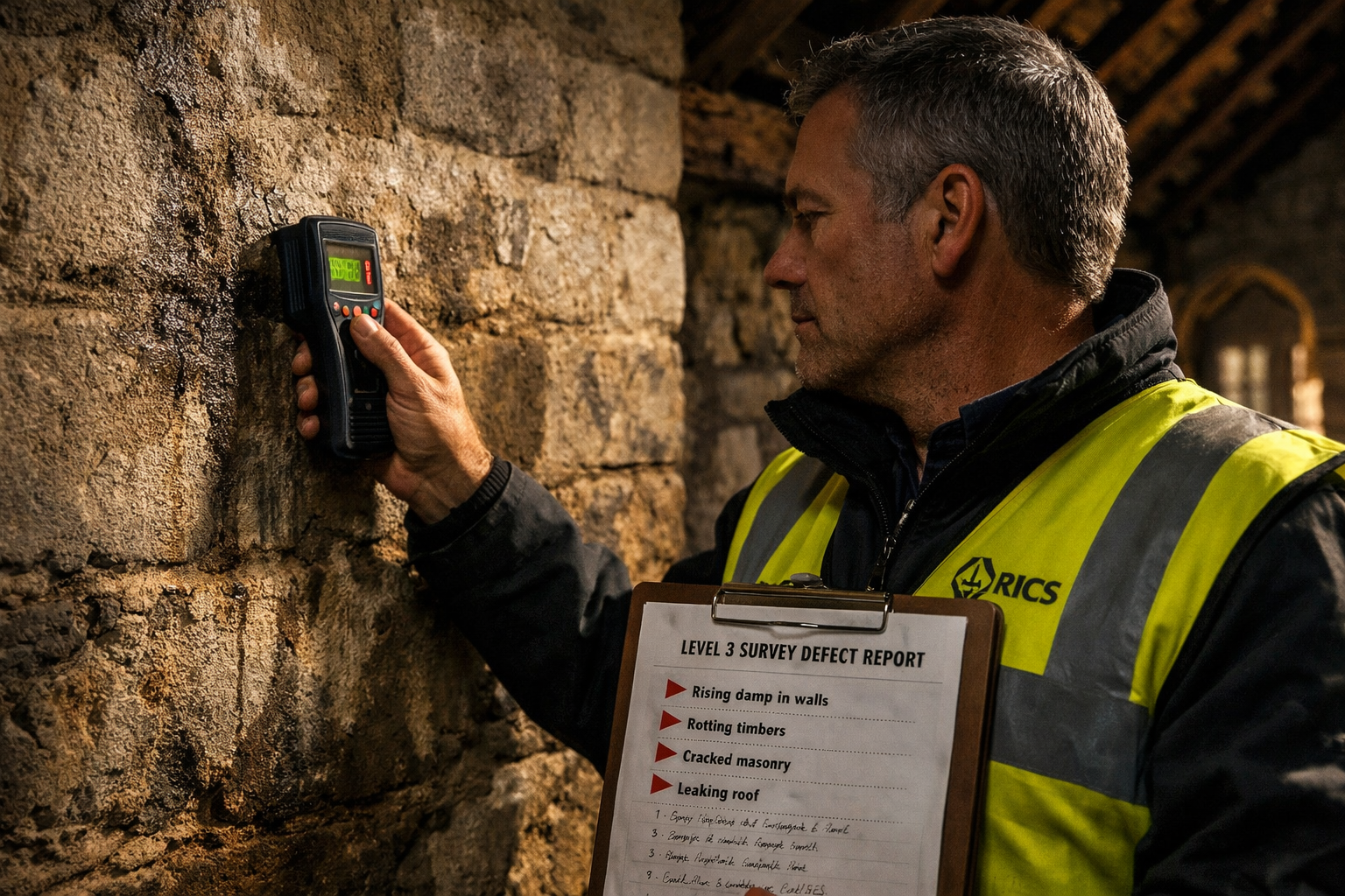 Close-up editorial photograph of a RICS-accredited surveyor in high-visibility vest conducting a Level 3 building survey