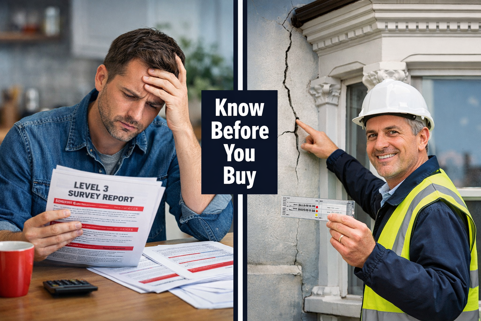 Split-composition editorial image showing two contrasting scenes side by side: left panel features a worried homebuyer