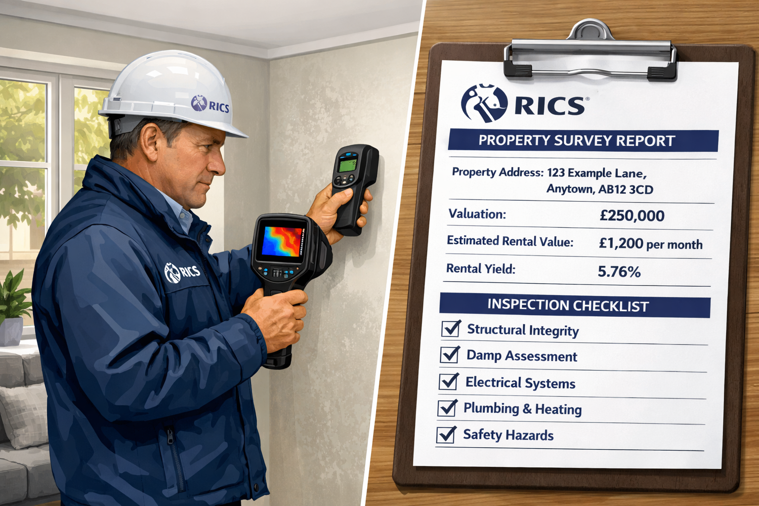 () detailed illustration showing professional RICS-qualified surveyor conducting comprehensive property inspection inside