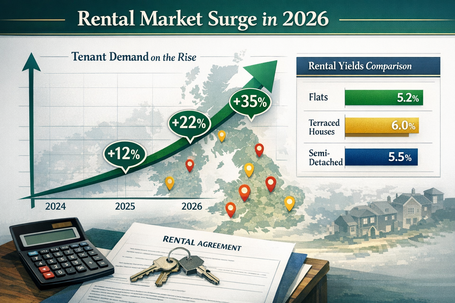 () infographic-style visualization displaying rental market data for 2026, featuring large upward-trending line graph