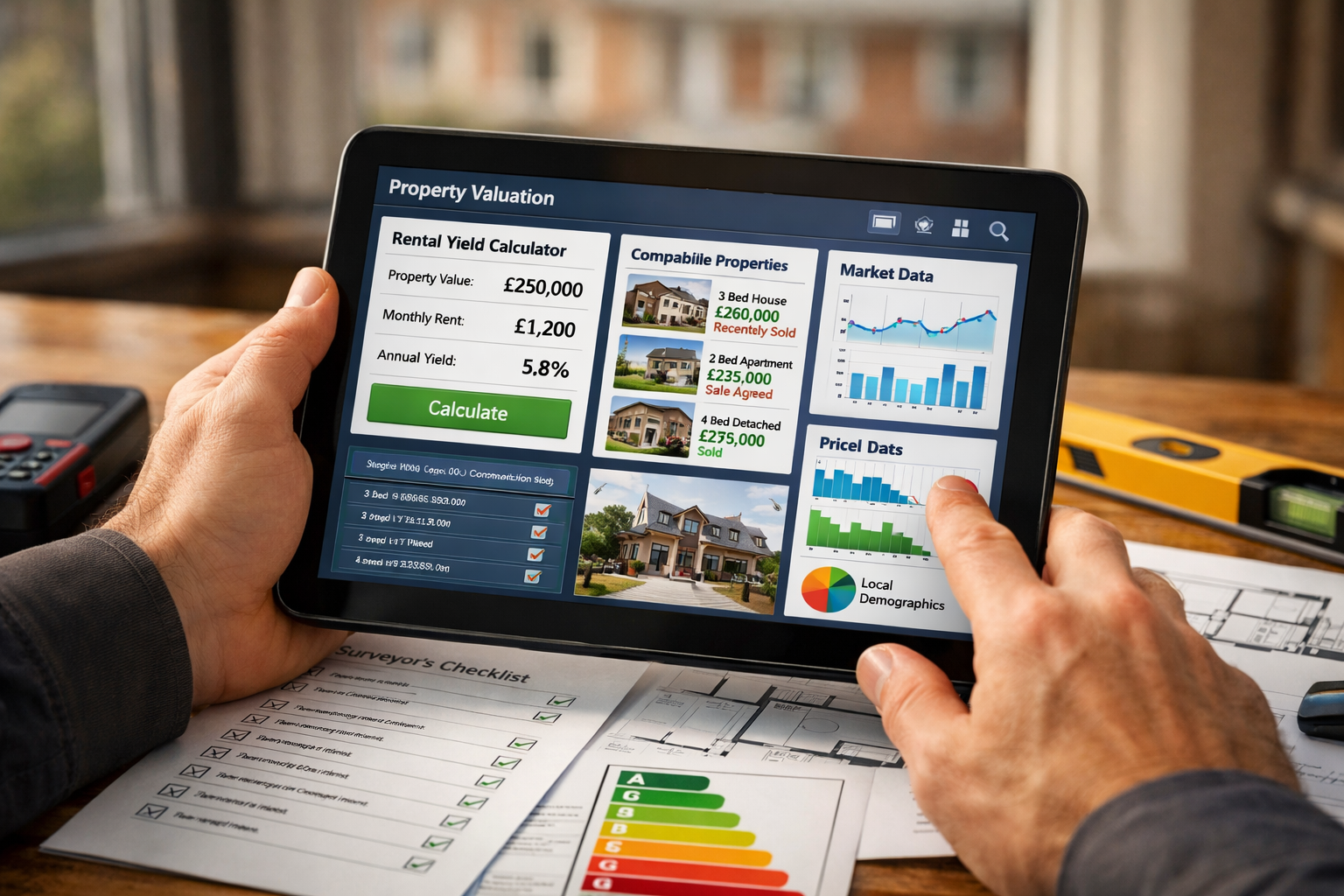 () detailed close-up photograph of professional surveyor's hands holding tablet displaying digital property valuation