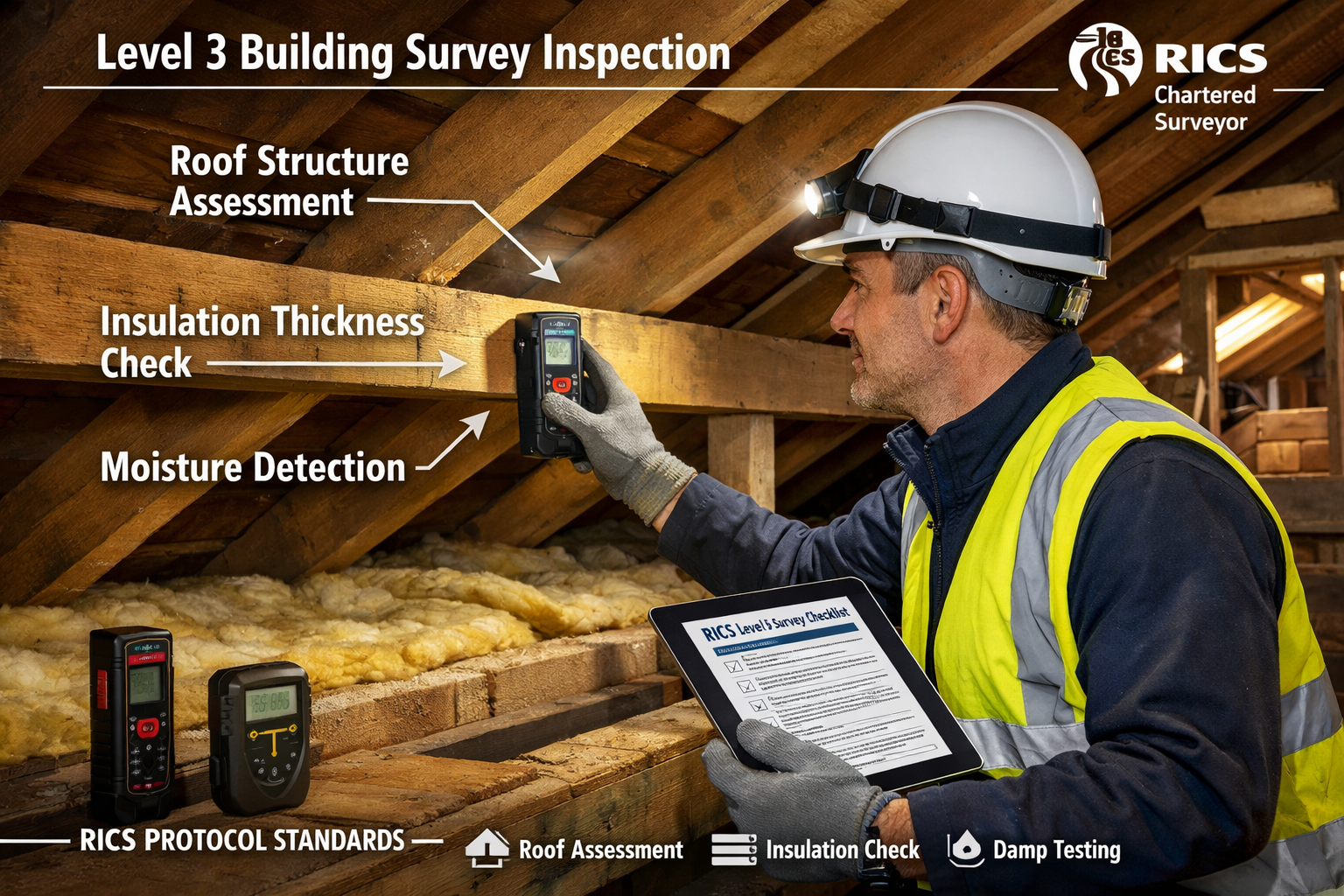 Detailed () editorial image showing professional RICS chartered surveyor conducting comprehensive Level 3 building survey