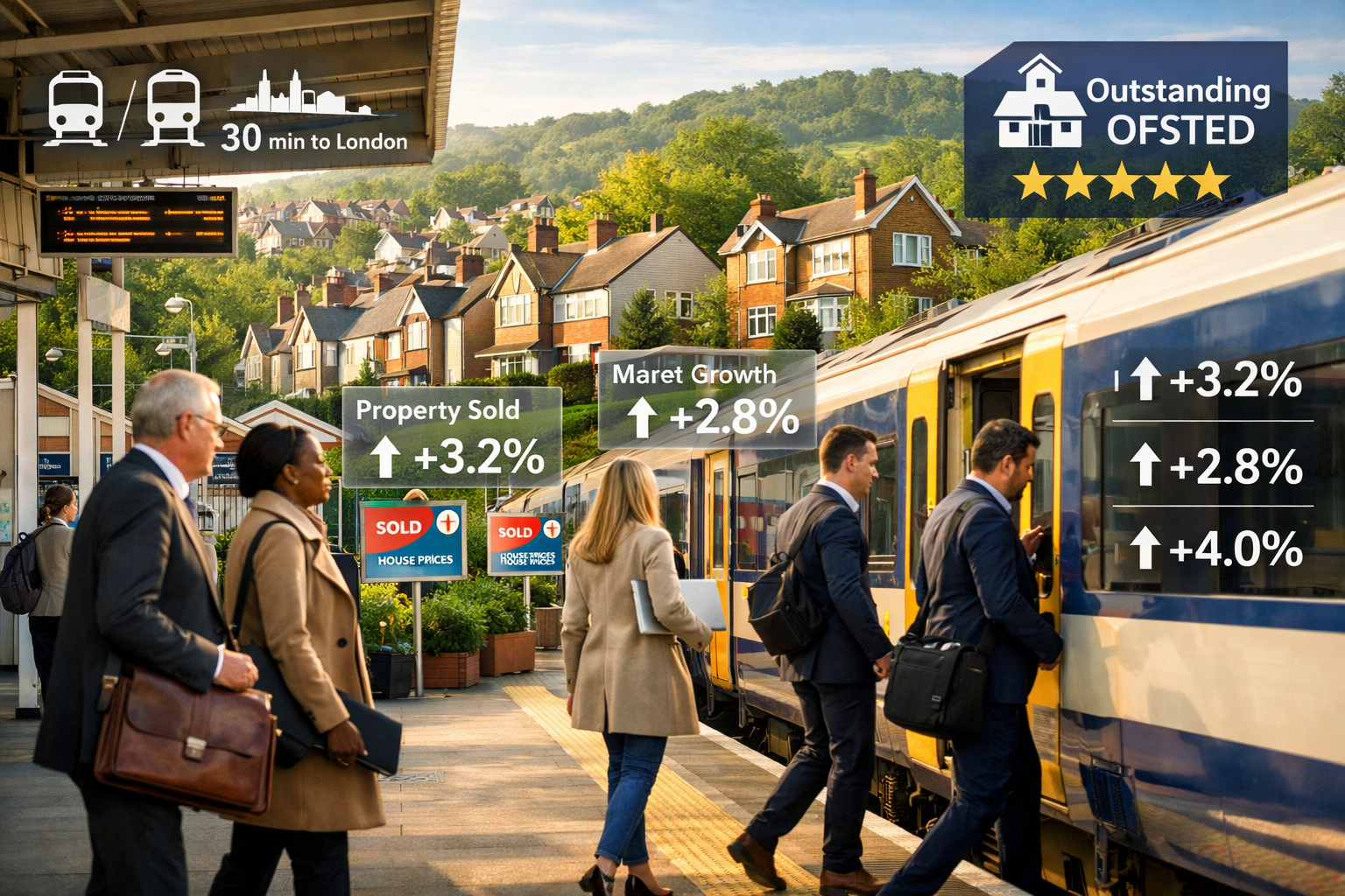 Detailed () image depicting Surrey commuter town railway station platform during morning rush hour with modern family homes