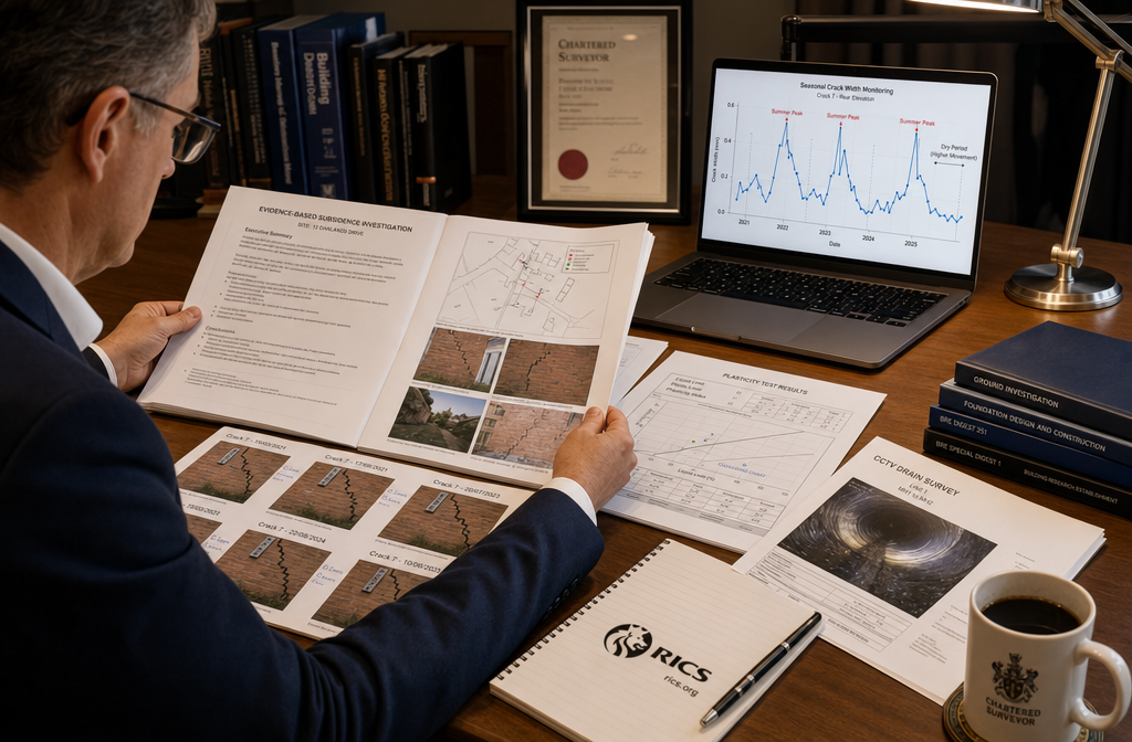 () showing a chartered surveyor in professional attire at a desk reviewing a multi-page technical report with annotated