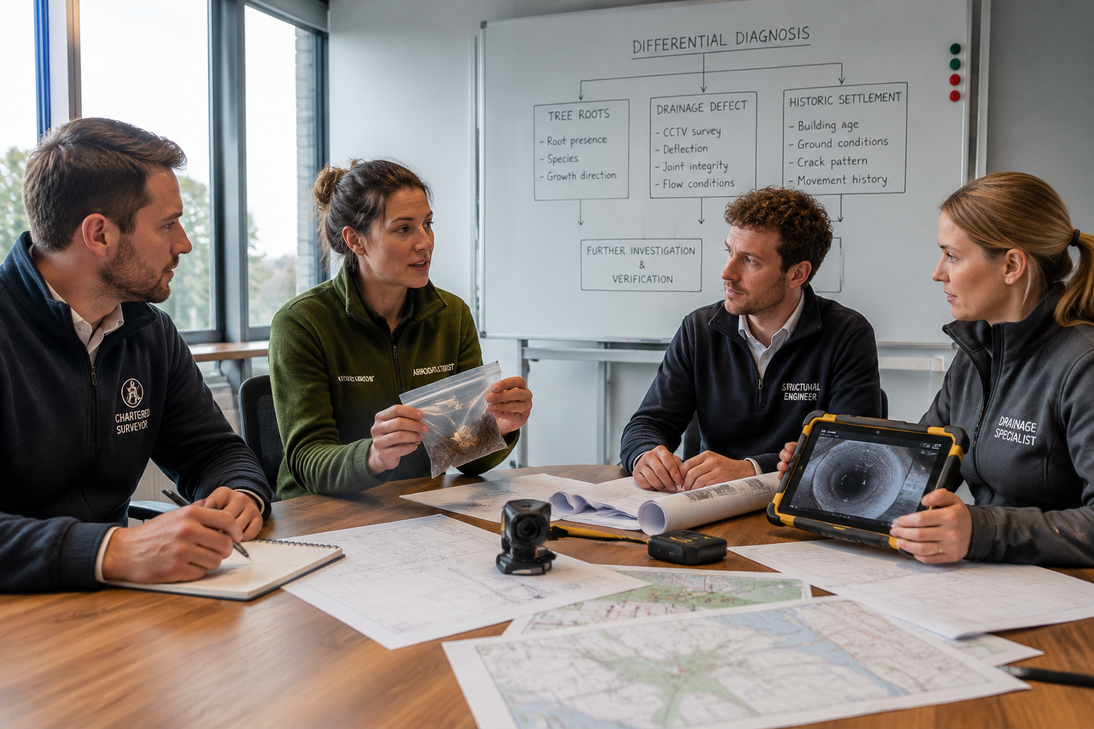 () depicting a collaborative multi-disciplinary team meeting around a table: a chartered surveyor, an arboriculturist