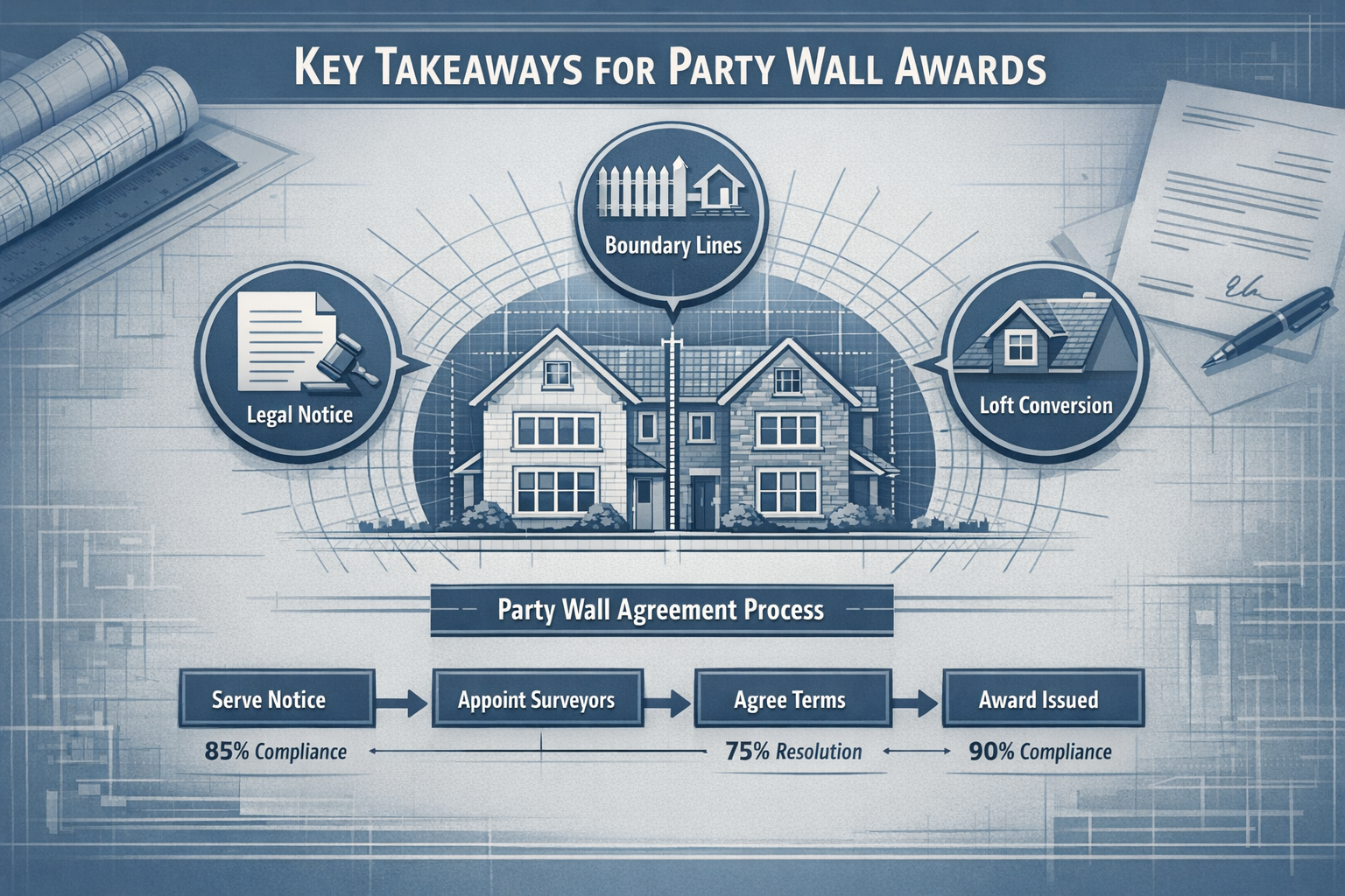 Infographic-style visual highlighting 'Key Takeaways' for Party Wall Awards, featuring a central architectural blueprint
