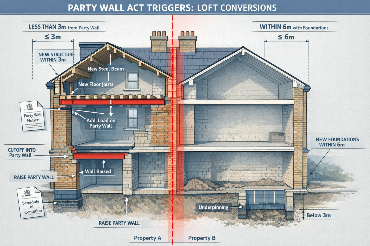 Technical architectural rendering showcasing 'Party Wall Act Triggers' for loft conversions, depicting a semi-detached