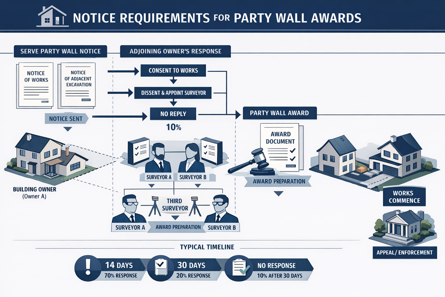 Comprehensive visual guide illustrating 'Notice Requirements for Party Wall Awards', featuring a step-by-step process map