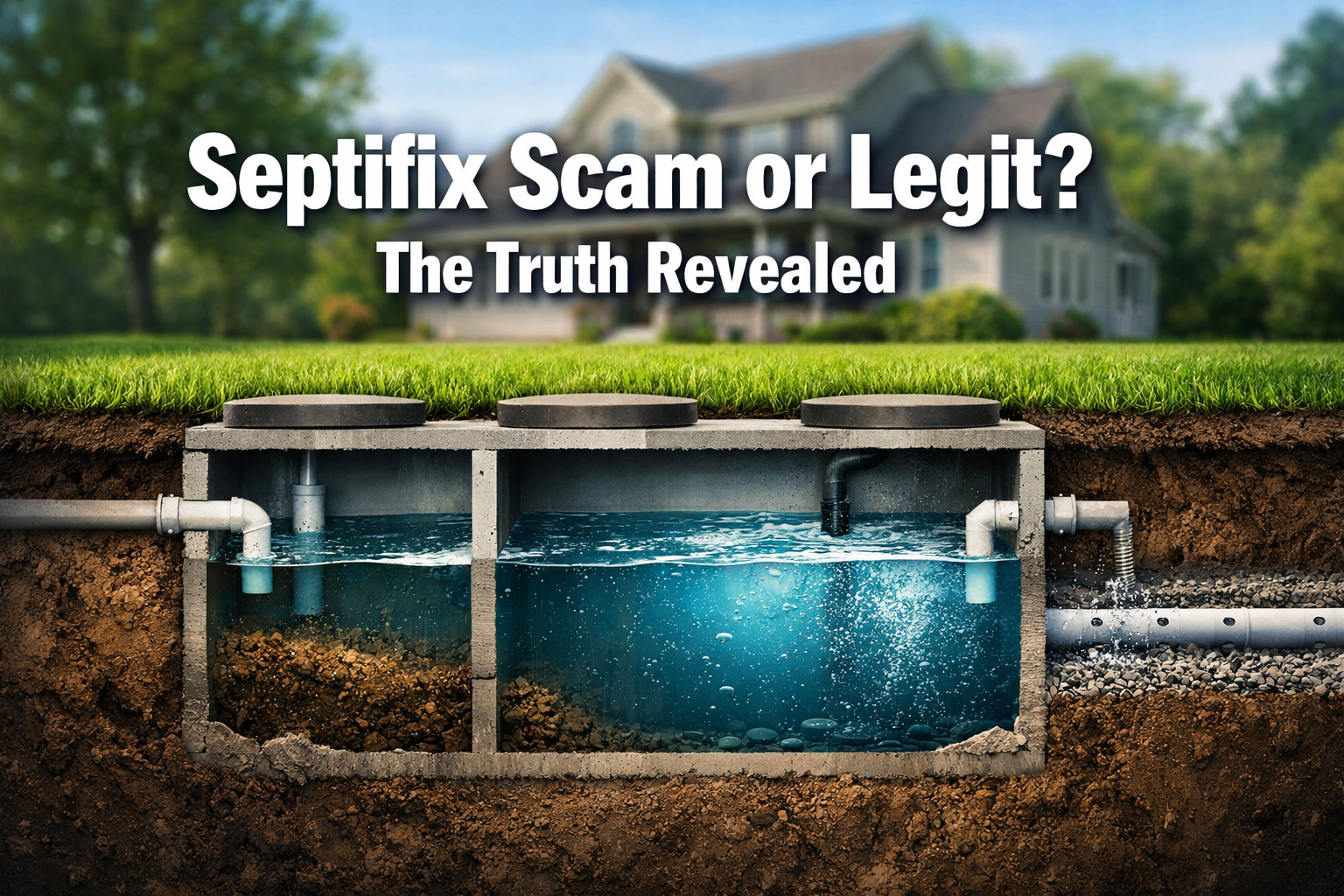 Professional () hero image with : 'Septifix Scam or Legit? The Truth Revealed' in extra large white with dark drop ,