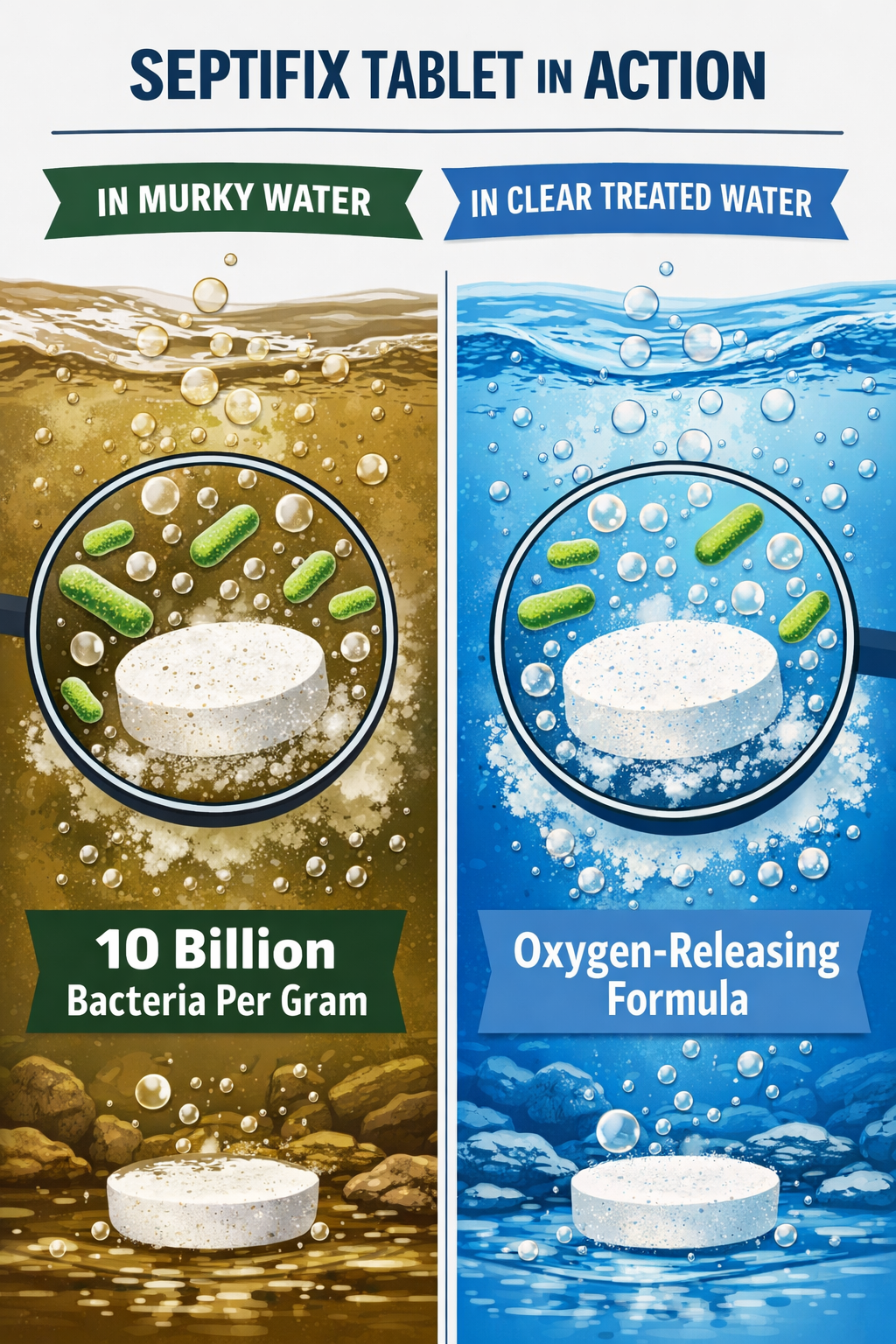 () detailed illustration showing a side-by-side comparison of a septic tank tablet dissolving in murky water versus clear