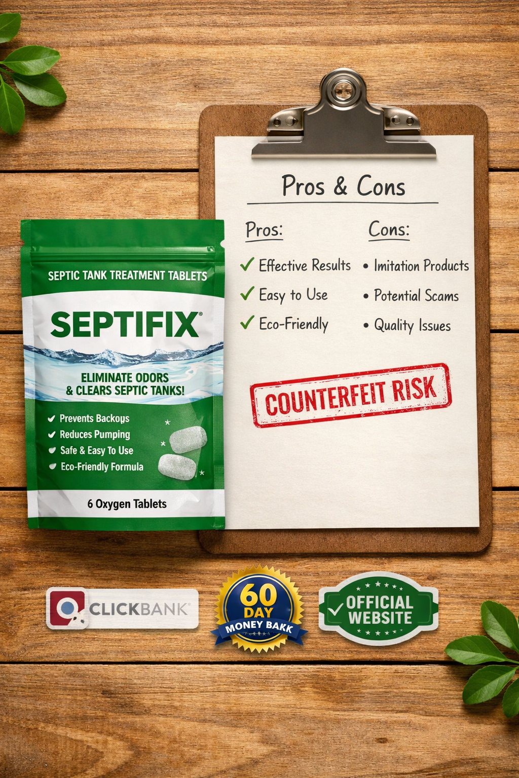 () flat-lay product photography concept showing Septifix tablet packaging on a wooden surface next to a checklist clipboard