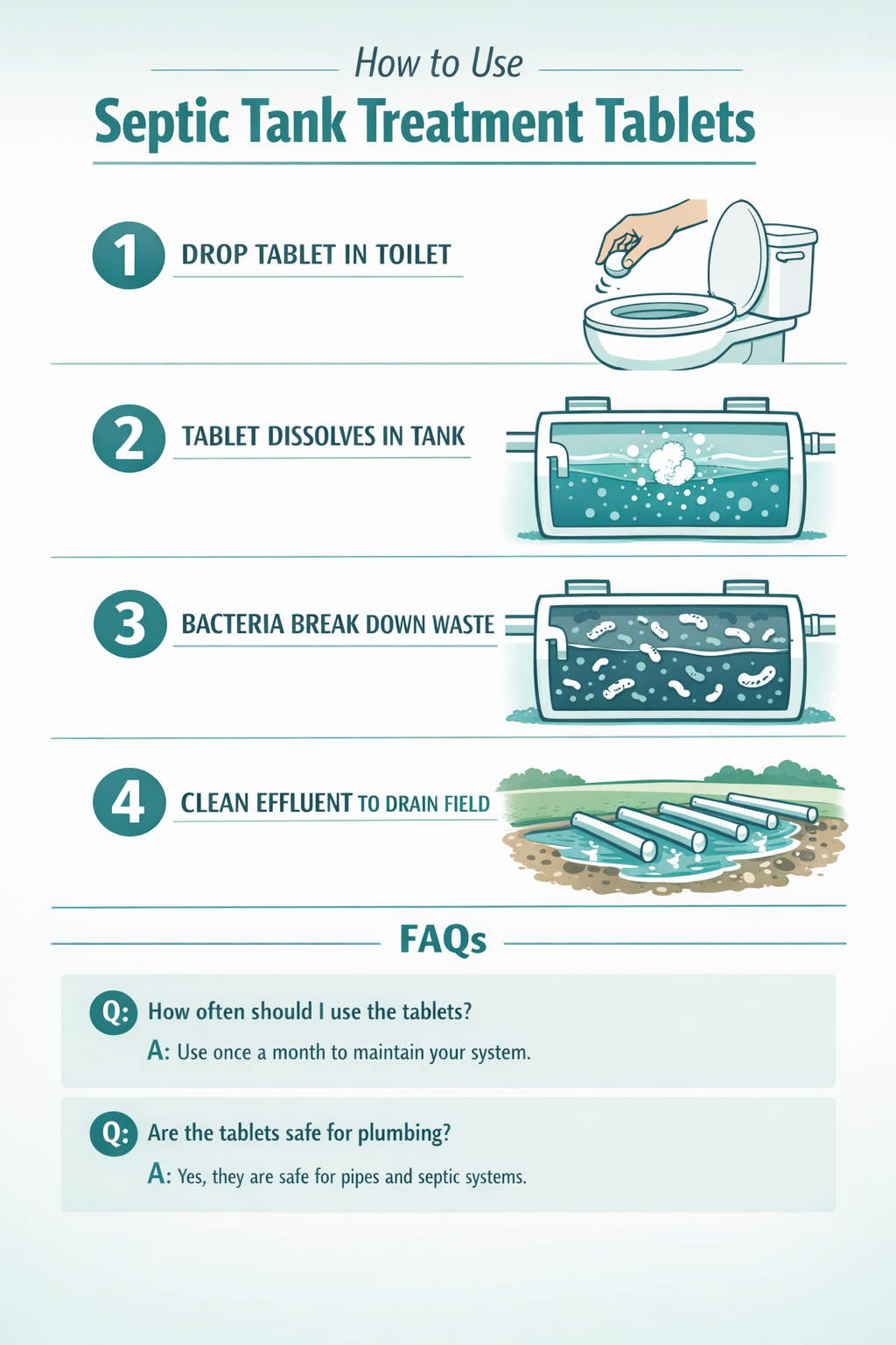 () infographic-style image showing a step-by-step homeowner guide to using septic tank treatment tablets, with numbered