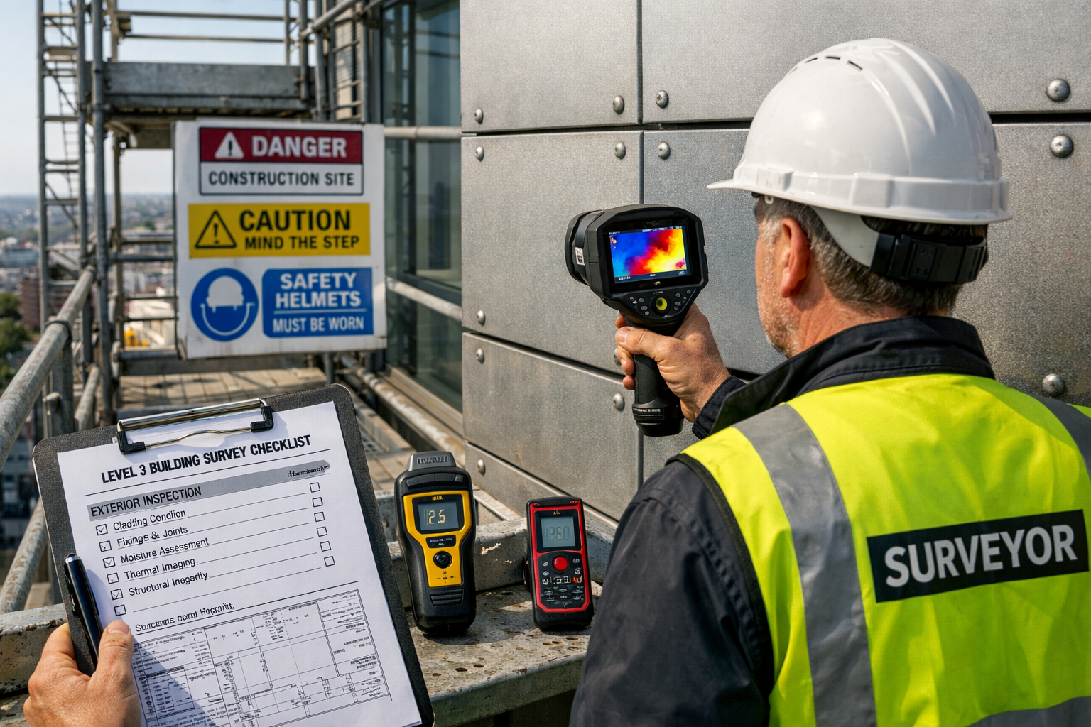 Detailed () image showing professional chartered surveyor in high-visibility vest and hard hat conducting Level 3 building